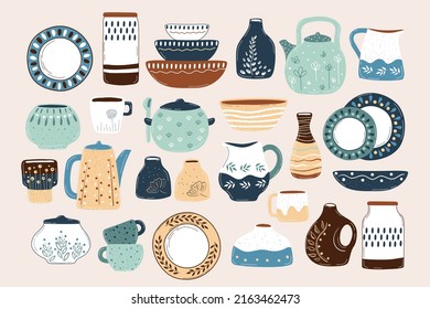 Ceramic cooking crockery. Decorative handmade kitchen utensils or tableware such as plates, cups, dishes. Cookware for food preparing, serving and decoration design hand drawn vector illustration
