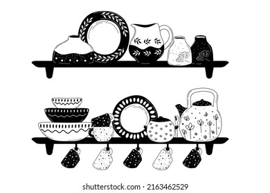 Ceramic cooking crockery. Decorative handmade kitchen utensils or tableware such as plates, cups, dishes. Cookware for food preparing, serving and decoration design hand drawn vector illustration