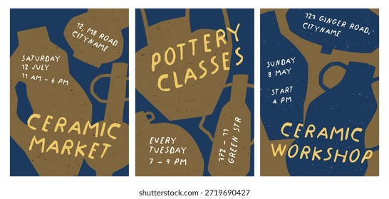 Artesanía de cerámica, conjunto de diseños de tarjetas. Mercado de la cerámica, escuela y taller, volante y Plantillas de cartel con tipografía de letras, patrón de cerámica hecho a mano en estilo moderno de moda. Ilustración vectorial plana