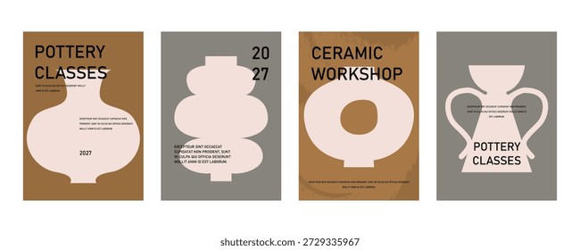 Ceramic craft, card designs set. Ceramics market, school and workshop, flyer and placard templates with lettering typography, handmade pottery pattern in modern trendy style. Flat vector illustration