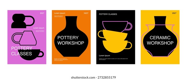 Artesanía de cerámica, conjunto de diseños de tarjetas. Mercado de cerámica, escuela y taller, folleto y Plantillas de pancarta con tipografía de letras, patrón de cerámica hecho a mano en estilo moderno. Ilustración vectorial plana.