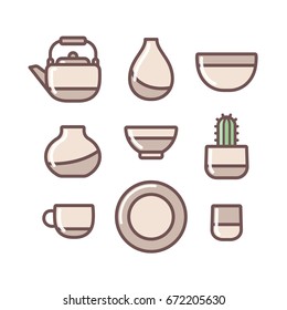 Ceramic crockery collection set. Simple and modern pottery icons, vector illustration.