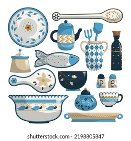 Ceramic crockery in rustic style cartoon illustration set. Faience cup, mug, spoon, plate, pot, salt cellar, sugar bowl. Hand painted tableware, vintage kitchen utensils concept