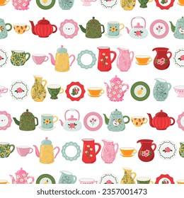 Ceramic crockery texture. dishes, antique plates, milk jugs, cups, mugs, teapots and kettles vector seamless pattern