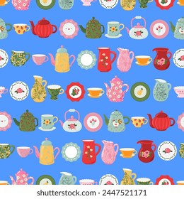 Ceramic crockery texture. dishes, antique plates, milk jugs, cups, mugs, teapots and kettles vector seamless pattern
