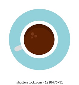 Ceramic cup of black coffee with saucer top view vector flat icon isolated on white