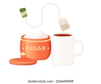 Ceramic cup with black tea bag and sugar vector illustration isolated on white background