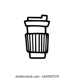 Ceramic cup of chocolate coffee hand drawn sign outline doodle icon. Takeaway coffee vector sketch illustration for print, web, mobile and infographics isolated on white background.Zero waste concept.