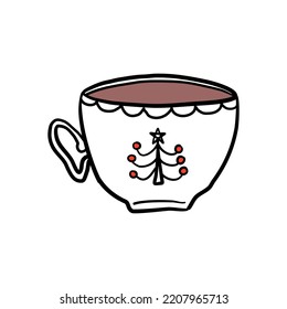 Copa de cerámica con adorno de árbol de Navidad. La vajilla tradicional para beber. Ilustración vectorial de estilo doodle dibujada a mano aislada en blanco.