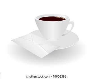 Ceramic cup of coffee placed on a platter along with the mail envelope