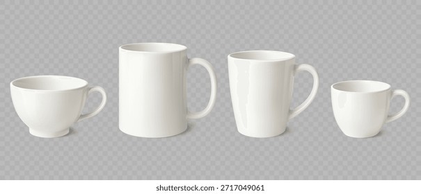 Xícara de cerâmica para marca de café e chá. Modelo de caneca 3D realista branco. Copos brilhantes com reflexão para logotipo, embalagem e ilustração. Conjunto isolado do vetor.