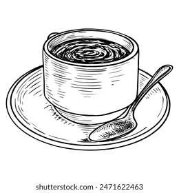 Ceramic cup with drink sketch. Coffee or tea in mug on plate with spoon. Hand drawn vector line illustration.