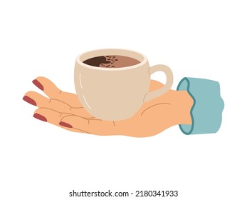 Keramische Tasse Espresso in weiblicher Hand. Morgen heißes Getränk. Kaffeepause. handgezeichnete farbige Vektorgrafik einzeln auf weißem Hintergrund. Moderner, flacher Cartoon-Stil.