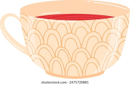 Ceramic cup filled red liquid scalloped pattern design. Warm drink coffee tea cozy mug graphic. Beige orange tones kitchenware isolated white background