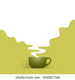 Ceramic cup of fresh green tea and white hot steam with empty place for your text and design, over light green background. Tea drinking and healthy life concept