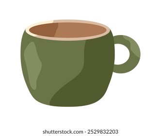 Ceramic Cup with handle. Handcrafted clay tea Mug. Tableware for drinks, dark green Crockery. Handcrafted Artisan teacup. Kitchenware for coffee. Isolated on white background. Vector illustration