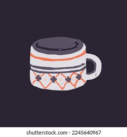 Ceramic cup, hand-made painted ceramics with enamel. Mug, handmade teacup, pottery, edgy crockery with pattern in rustic country style. Colored flat vector illustration isolated on white background