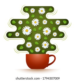 Ceramic cup of hot aromatic herbal tea with chamomile flowers and mint leaves inside steam above teacup. Concept of naturopathy, herbal medicine and relaxing healthy drinking