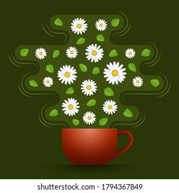 Ceramic cup of hot aromatic herbal tea with chamomile flowers and mint leaves inside steam above teacup. Concept of naturopathy, herbal medicine and relaxing healthy drinking