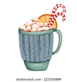 Ceramic cup with hot chocolate, cream and marshmallows. Cinnamon stick, and cinnamon. Winter cappuccino. Latte in a cute cup.