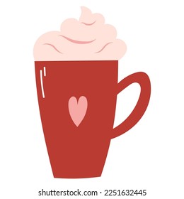 Ceramic cup with hot drink and whipped cream in cartoon flat style. Hand drawn vector illustration of coffee, cocoa, mocha, milkshake