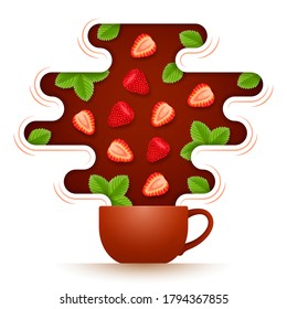 Keramische Tasse mit heißem aromatisiertem Fruchttee mit Erdbeeren im aromatischen Dampf über Teacup. Konzept von leckeren Getränken, gesundem Trinken, entspannender Zeit