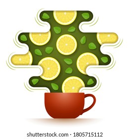 Té de cerámica con sabor caliente y hojas de limón y menta cortadas dentro de vapor aromático sobre el té. Concepto de deliciosa bebida de fruta, bebida saludable, pasatiempo relajante