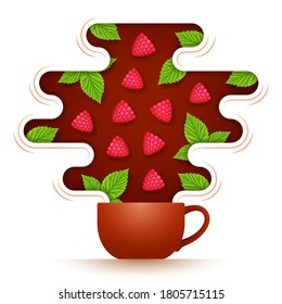 Ceramic cup of hot flavored tea with raspberries and leaves inside aromatic steam above teacup. Concept of delicious berry beverage, healthy drinking, relaxing pastime