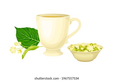 Ceramic Cup with Hot Lime Tea and Small-leaved Linden or Tilia Cordata Blossom Rested Nearby Vector Illustration