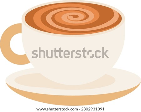 Ceramic cup with hot sweet cappuccino and foam pattern on surface in twisted mixed in spiral form. Invigorating coffee drinks. Simple colored flat vector icon isolated on white background