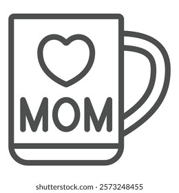 Ceramic cup with MOM letters line icon, mother day concept. Vector graphics. Cup with love, heart shape sign on white background, outline style icon for mobile or web design