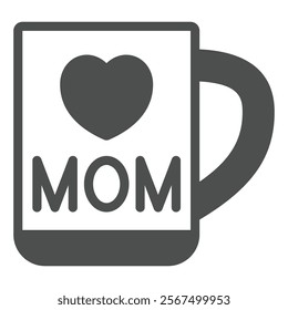 Ceramic cup with MOM letters solid icon, mother day concept. Vector graphics. Cup with love, heart shape sign on white background, glyph style icon for mobile or web design