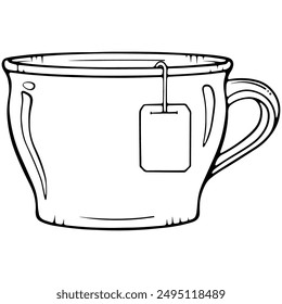 Ceramic cup of tea. Hot drink. Vector illustrations in hand drawn sketch style isolated on white. Black outline graphic for print, coloring book