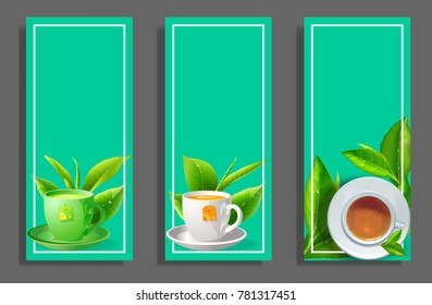 ceramic cup of tea with mint and lemon on green fram background.vector illustration.