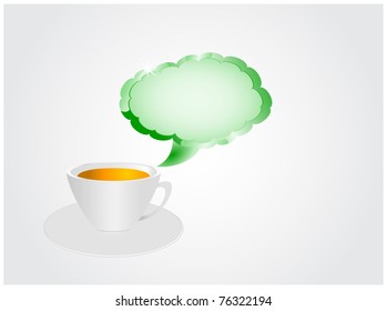 Ceramic cup of tea on a saucer and the callout for an inscription