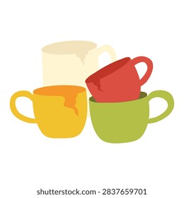 Сracked ceramic cups. Broken kitchenware, damaged objects, minimalist design, household item illustration, vector Flat style  artwork isolated on white background