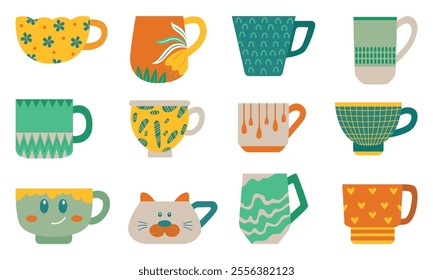 Ceramic cups. Decorative crockery, cup and mugs for tea cocoa coffee. Different flat accessories for drinks, hot beverages for adult and kids, neoteric vector set