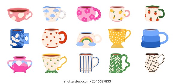 Ceramic cups for hot tea and coffee with different patterns set. Cute colorful various teacups collection with heart and leaf, stripe texture, Scandinavian home crockery cartoon vector illustration