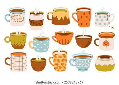 Tazas de cerámica, tazas de porcelana con café aromático de otoño o té de bebidas calientes humeantes para el diseño de menú de cafetería, cafetería o restaurante. Bebida caliente en utensilios decorativos Ilustración vectorial