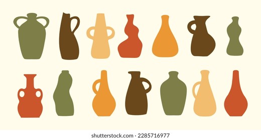 Ceramic decorative pottery vases collection. Vases set, simple abstract hand drawn bowls for card interior design. Vector illustration