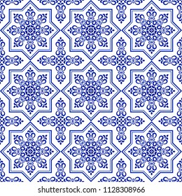 ceramic decorative tile pattern, Porcelain background design, blue and white floral decor vector illustration, beautiful ceiling backdrop