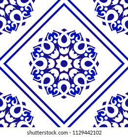 ceramic decorative tile pattern, Porcelain background design, blue and white floral decor vector illustration, beautiful ceiling backdrop