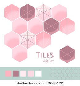 Diseño de baldosas cerámicas decorativas. Bonito diseño interior y elementos arquitectónicos. Colección de azulejos hexagonales de cocina y baño totalmente editable con diferentes adornos