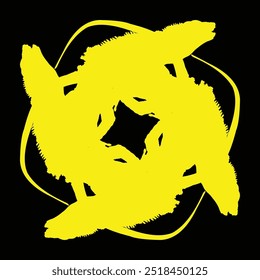 Diseños de cerámica o adornos con motivos de reptiles que se rotan para formar un motivo abstracto en amarillo sobre un fondo negro