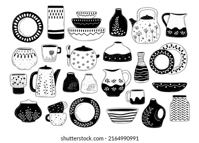 Ceramic dinnerware doodle tools. Kitchenware, cooking baking utensils. Collection vector isolated household objects illustration