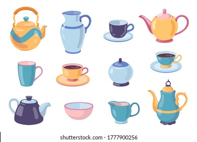 Ceramic dish for drinking tea set. Teapot, cups with saucer, mugs, bowls, pot, jug isolated on white background. Can be used for home, kitchen, coffee break, pottery concept