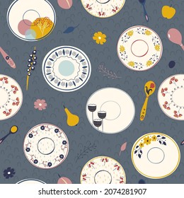 Ceramic dishes, beautiful dishes with a floral pattern. Seamless pattern