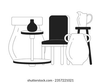 Ceramic dishes exhibition monochrome flat vector object. Pottery creative hobby. Workshop. Editable black and white thin line icon. Simple cartoon clip art spot illustration for web graphic design