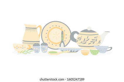 Ceramic dishes with a simple hand-made pattern: trowels, bowls, mugs, jugs, teapot