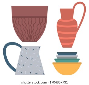 Ceramic dishware, vase with handle and jar, bowl and pot decorated by lines and dotted, handmade object on white, handicraft crock, homemade vector